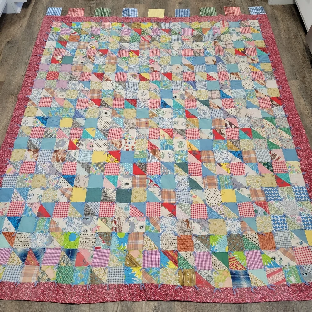 Patchwork Quilt Vintage HandMade Tied Pink Colorful Gingham Hand Applied Binding